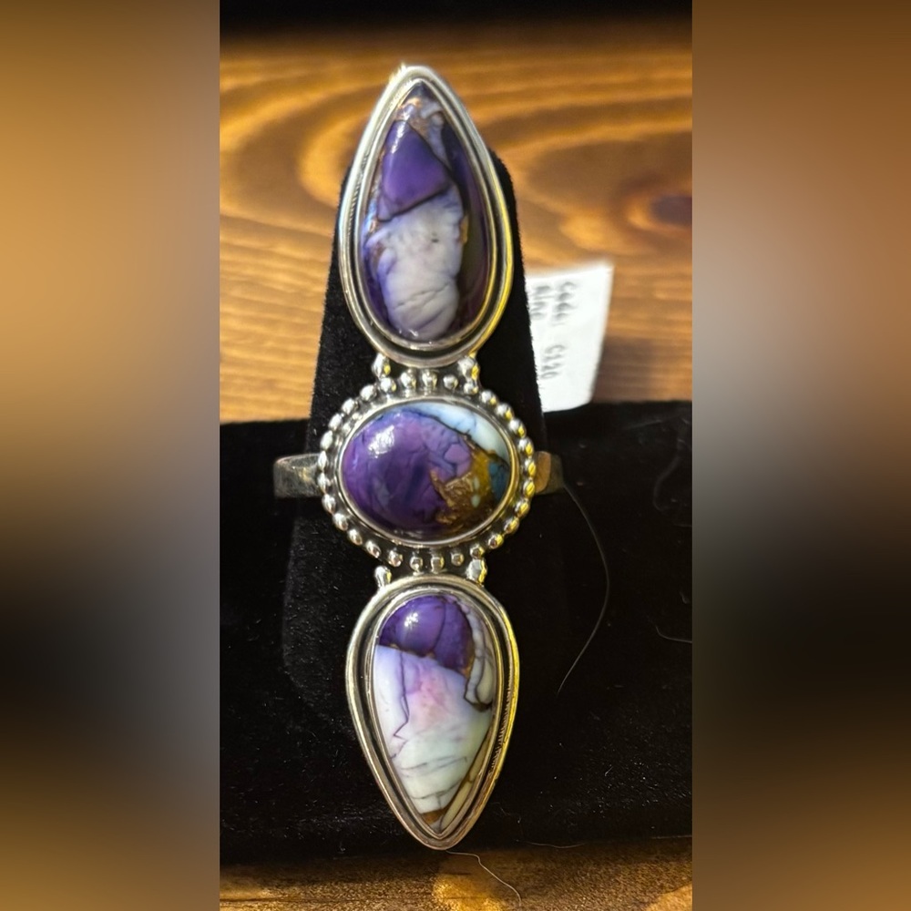 Sterling Silver Purple & White Composite Turquoise Triple Stone Ring – Size 9